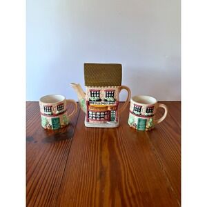 Vintage "The Old Sweet Shop"  Novelty Ceramic Lidded Teapot w/ Mugs Cottagecore‎